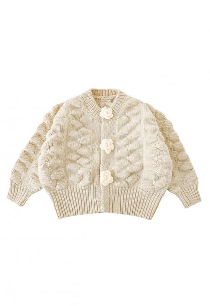 Kids Flowers Button Down Embossed Bubble Sleeves Cardigan in Cream