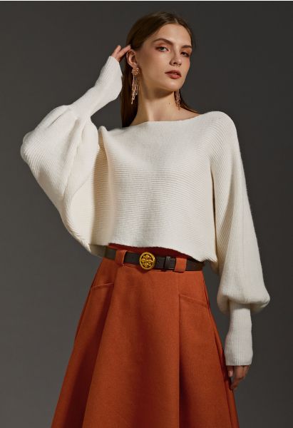 Exaggerated Bubble Sleeve Boat Neck Knit Top in Cream