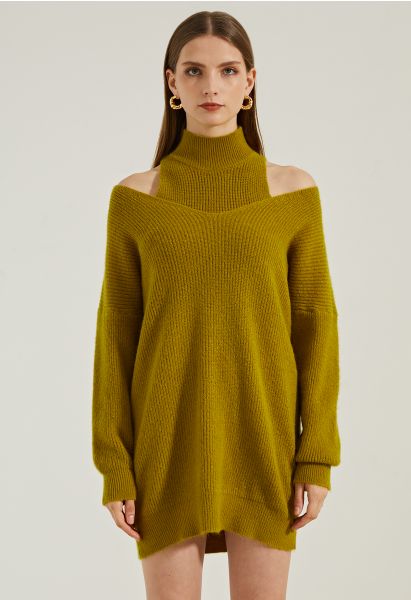 Cold-Shoulder Two-Piece Sweater Dress in Moss Green