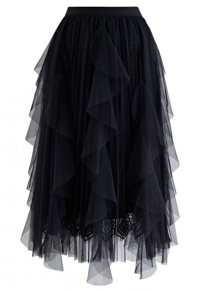 Floral Lace Ruffle Mesh Tulle Skirt in Black