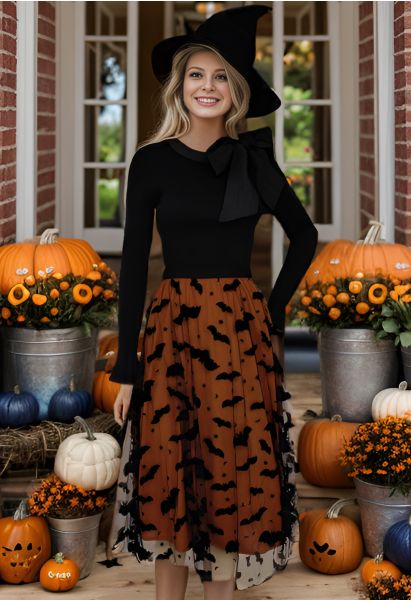 Velvet Bats Mesh Tulle Midi Skirt in Pumpkin