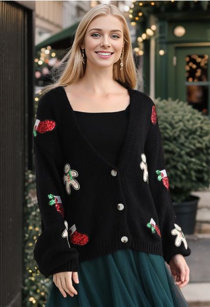 Sequined Gingerbread Man and Christmas Stocking Knit Cardigan in Black