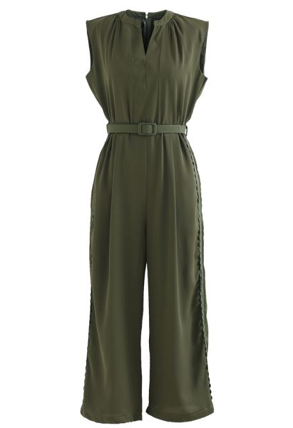 V-Shape Neck Belted Wide-Leg Jumpsuit in Army Green