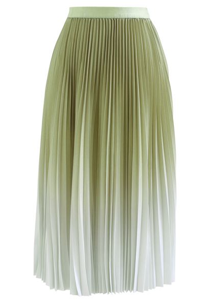 Moss Green Gradient Pleated Midi Skirt