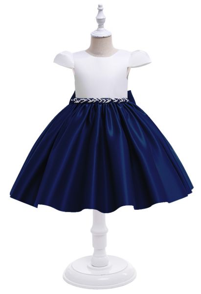 Beaded Waist Cap Sleeve Princess Dress in Navy For Kids
