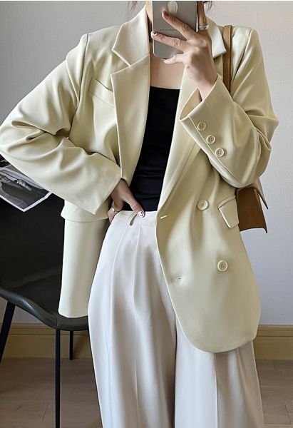 Double-Breasted Flap Pockets Blazer in Light Yellow