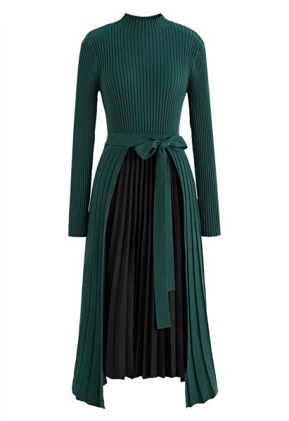 Front Pleats Splicing Belted Hi-Lo Knit Dress in Dark Green