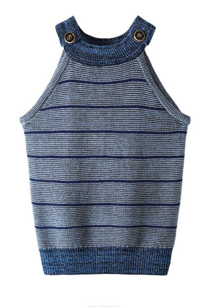 Buttoned Halter Neck Striped Knit Tank Top