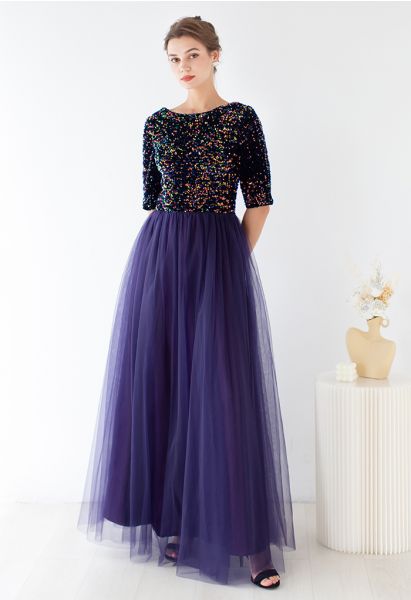 Purple Sequin Elbow-Sleeve Mesh Spliced Gown