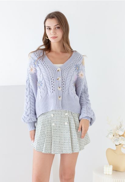 Stitched Flowers Braided Hand Knit Cardigan in Light Blue