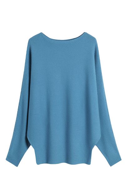 Boat Neck Batwing Sleeves Knit Top in Blue