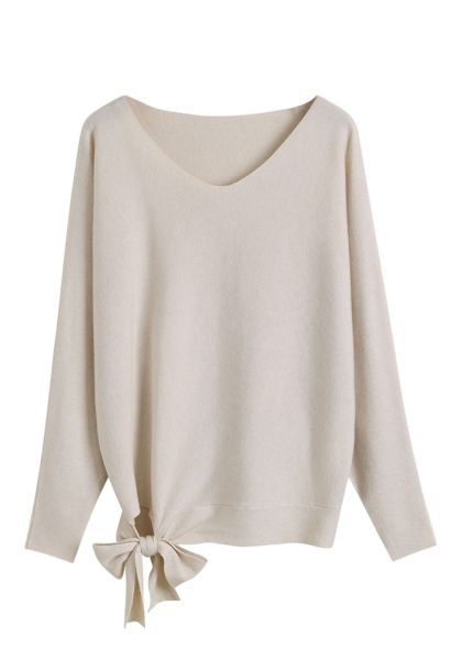 Batwing Sleeve Bowknot Oversize Sweater in Ivory