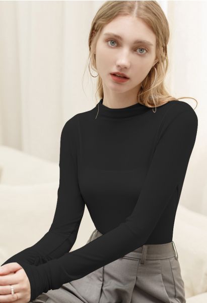 Ruched Detail Sheer Mesh Fitted Top in Black