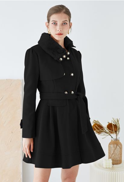 Faux Fur Collar Double-Breasted Skater Coat in Black