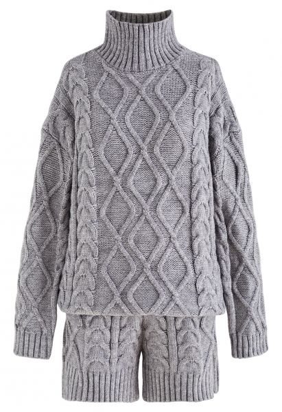 High Neck Braided Knit Sweater and Shorts Set in Grey