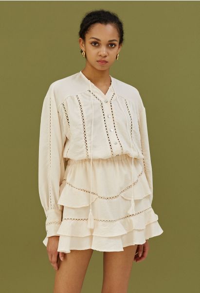 Hollow Out Tassel Shirt and Tiered Mini Skirt Set in Cream