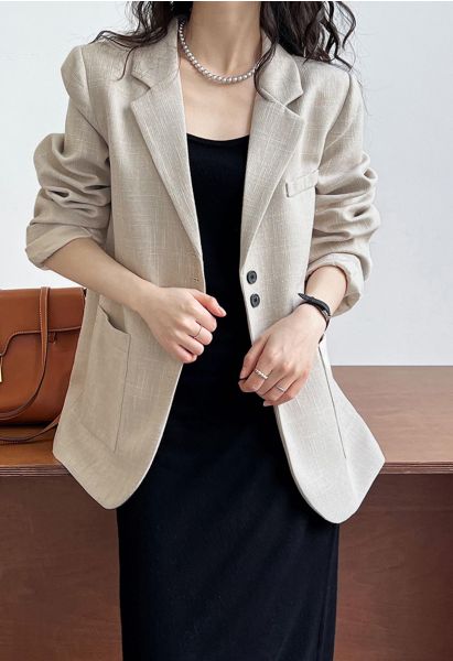 Patch Pocket Woven Texture Buttoned Blazer in Ivory