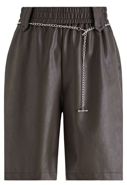 Silver Chain Faux Leather Shorts in Brown