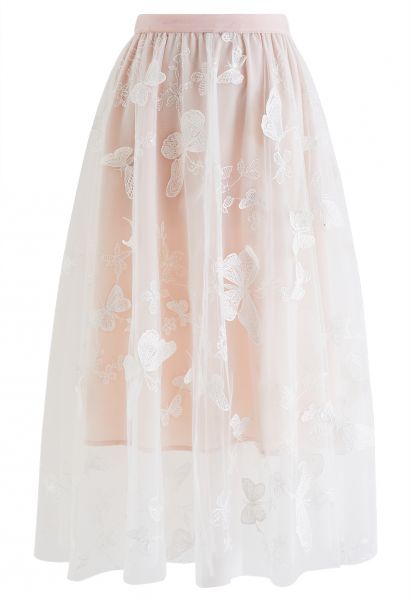 CHICWISH Women's Cream 3D Butterfly Double-Layered Mesh Midi Skirt 
