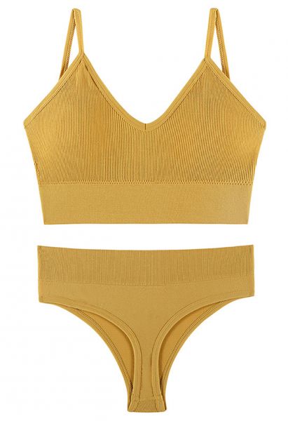 Plain Ribbed Lingerie Bra Top and Thong Set in Mustard