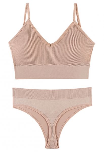 Plain Ribbed Lingerie Bra Top and Thong Set in Light Pink