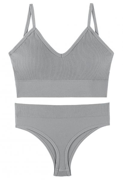 Plain Ribbed Lingerie Bra Top and Thong Set in Grey