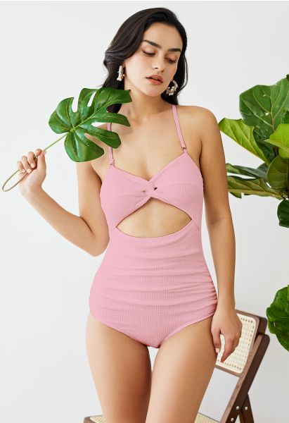 Twisted Cutout Wavy Textured Swimsuit in Pink