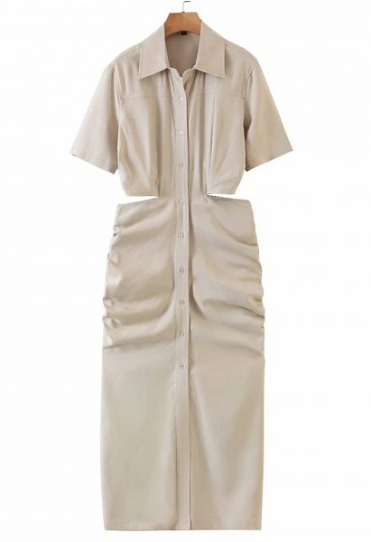 Cutout Waist Side Ruched Shirt Dress in Oatmeal