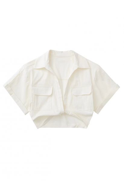 Front Tie Flap Pocket Crop Shirt in Ivory