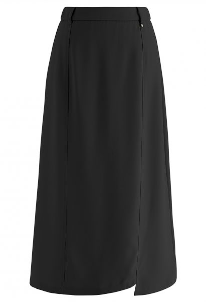 Irregular Hem Seam Detailing Midi Skirt in Black