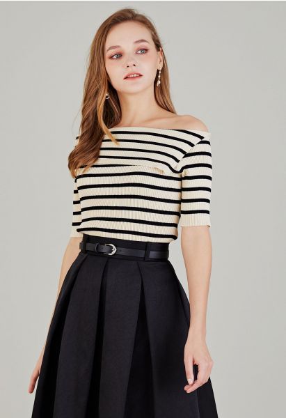 Folded Off-Shoulder Short-Sleeve Knit Top in Stripe