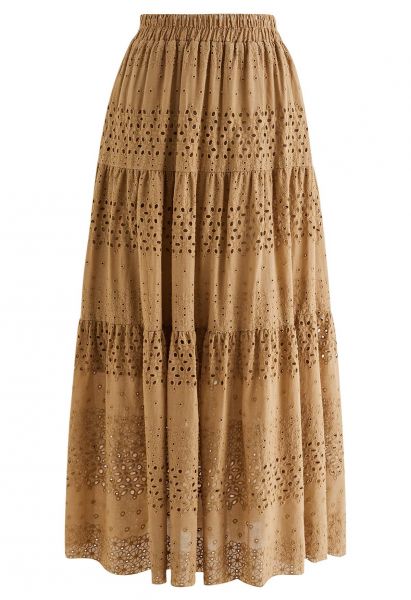 Floret Embroidered Eyelet Cotton Midi Skirt in Tan