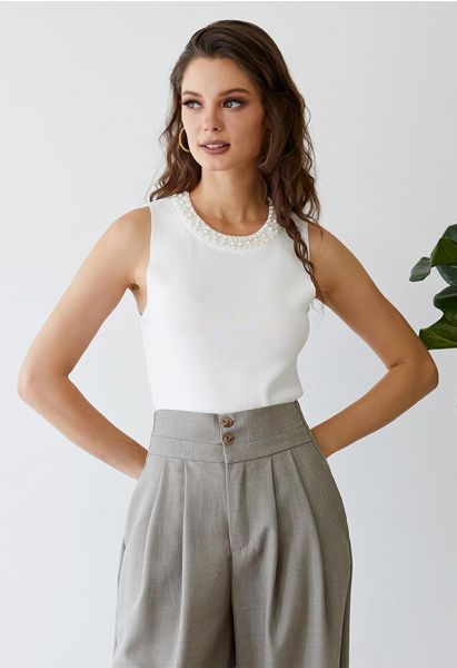 Pearly Neckline Knit Tank Top in White