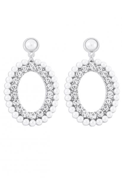 Double Layered Rhinestone Pearly Earrings in Silver