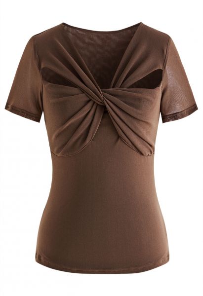 Twist Cutout Front Soft Mesh Top in Brown