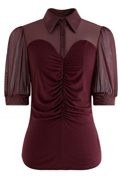 Pointed Collar Soft Mesh Spliced Ruched Top in Burgundy