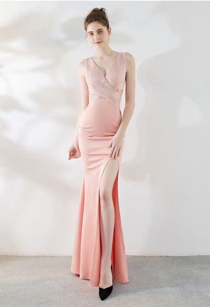 Shiny Rhinestone High Slit Mermaid Gown in Pink