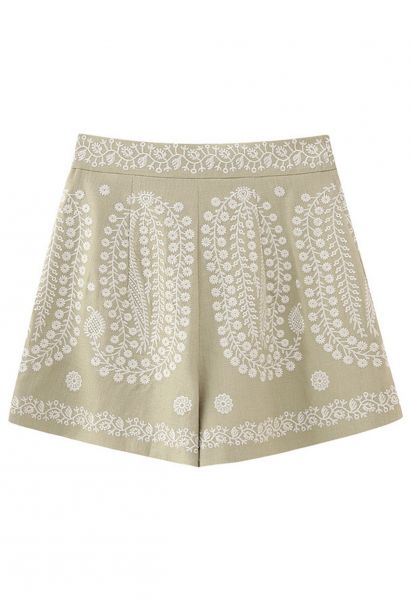 Vintage Embroidered High Waist Shorts in Oatmeal