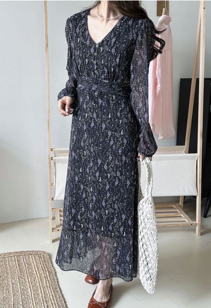 V-Neck Floral Tie Waist Chiffon Dress in Black