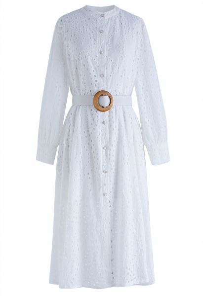 Eyelet Embroidery Button Down Belted Dress in White