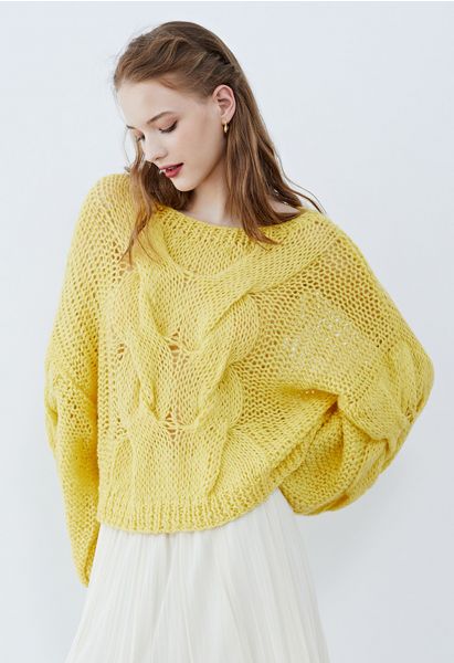 Hand-Knit Puff Sleeves Sweater in Yellow