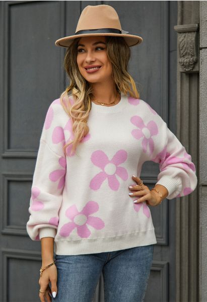 Cuteness Flowers Boxy Round Neck Knit Sweater in Nude Pink