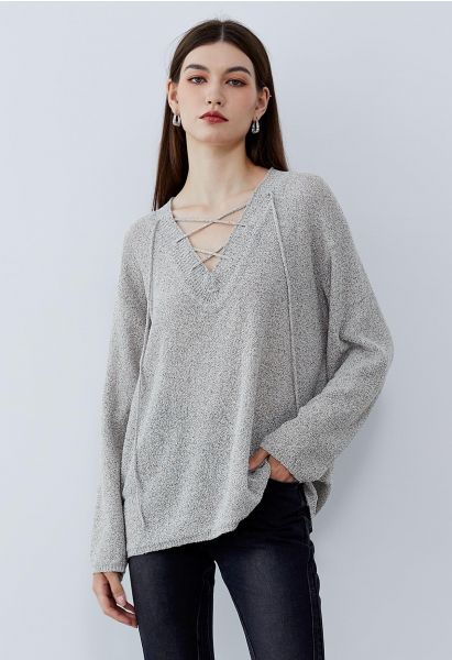 Slouchy V-Neck Lace-Up Knit Sweater in Grey