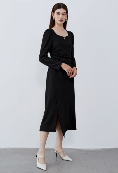 Square Neck Ruched Waist Flap Midi Dress in Black
