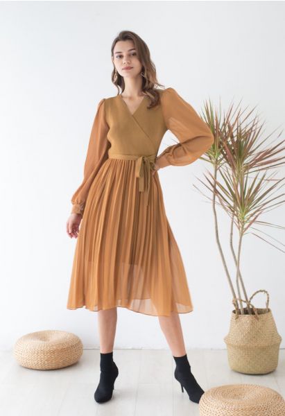 Knit Spliced Self-Tie Pleated Wrap Midi Dress in Caramel