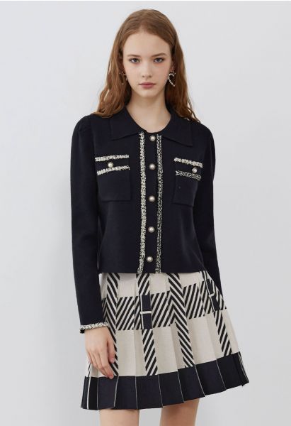 Contrast Trim Button Down Knit Cardigan in Black