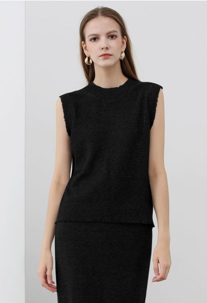 Frayed Edge Sleeveless Knit Top in Black