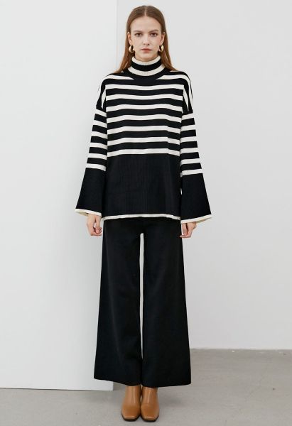 Stripe Turtleneck Knit Sweater and Pants Set in Black