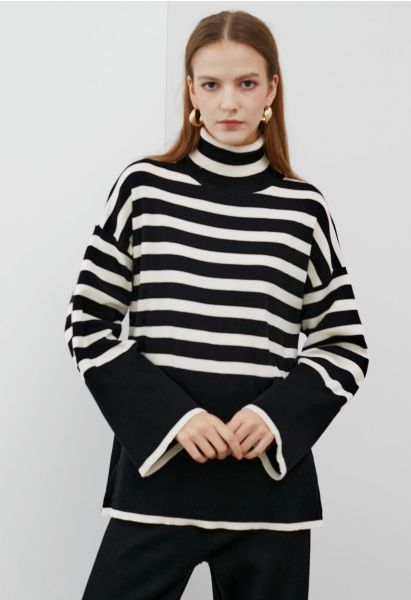 Striped Oversize Flare Sleeve Turtleneck Knit Sweater in Black