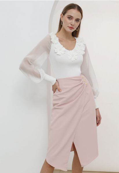 Buttoned Pleats Irregular Flap Midi Skirt in Pink